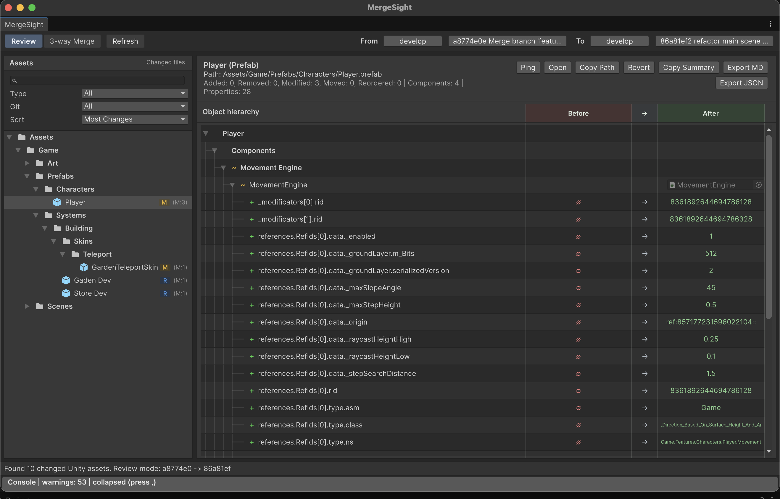 MergeSight가 Unity asset semantic diff를 표시하는 화면
